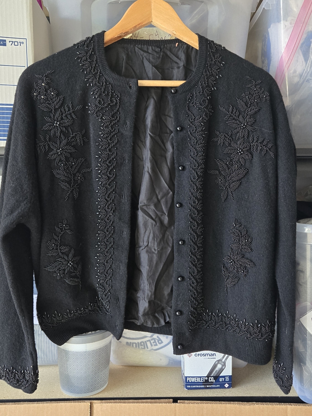 Vintage Coquette Dark Romance Black Beaded Knit Wool Cardigan Size M